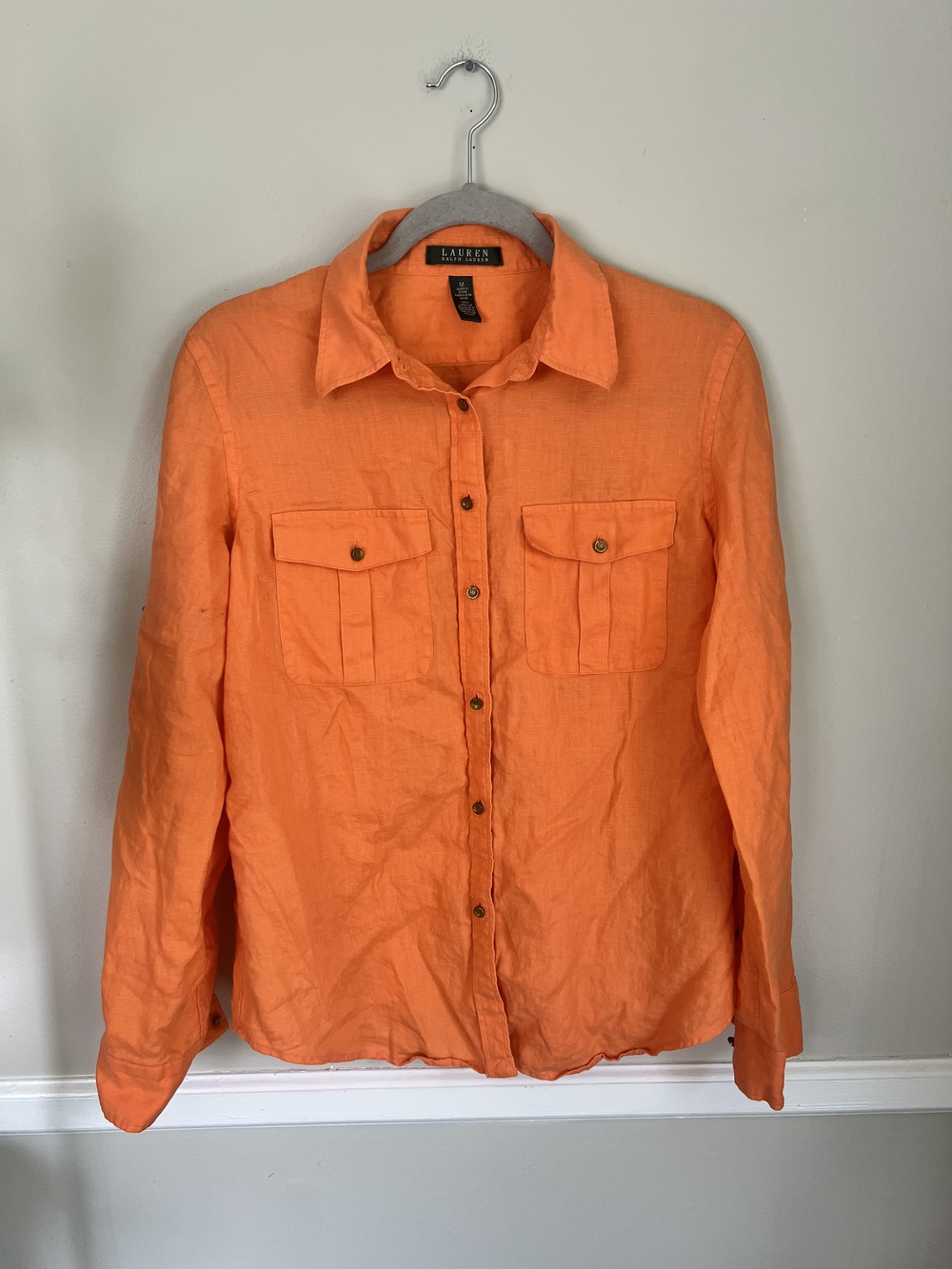 Lauren Ralph Lauren Women's Linen Shirt Size M Orange Button Down Roll Tab Top